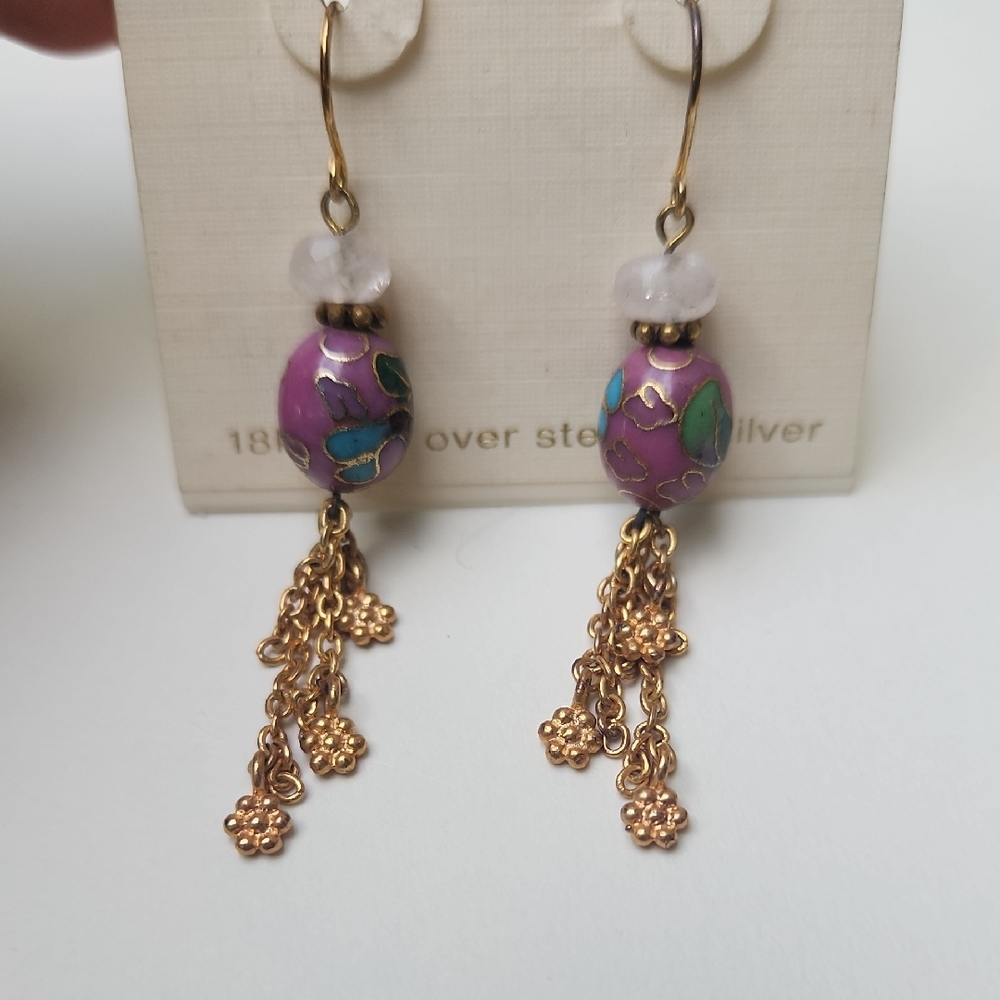 Lord & Taylor Purple Cloisonné Bead Dangle Earrings with Gold Tassels